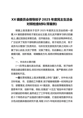 XX镇委员会领导班子2025年度民主生活会对照检查材料(带案例)