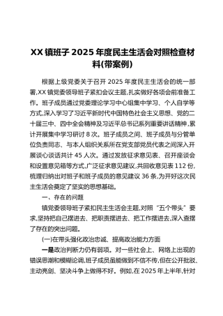 XX镇班子2025年度民主生活会对照检查材料（带案例）