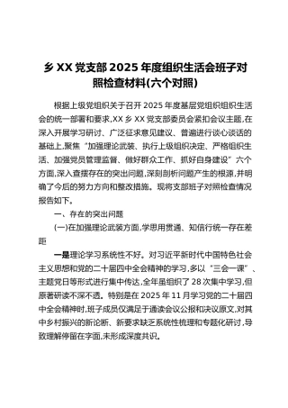乡XX党支部2025年度组织生活会班子对照检查材料（六个对照）