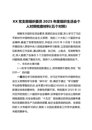 XX党支部组织委员2025年度组织生活会个人对照检查材料（五个对照）