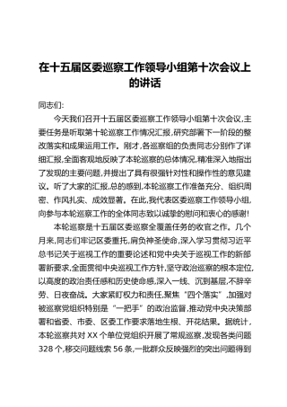 在十五届区委巡察工作领导小组第十次会议上的讲话
