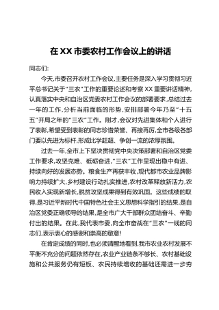 在XX市委农村工作会议上的讲话