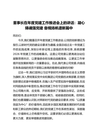 董事长在年度党建工作推进会上的讲话：凝心铸魂强党建 奋楫扬帆谱新篇中