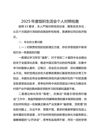 2025年度组织生活会个人对照检查