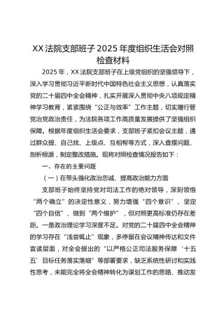 XX法院支部班子2025年度组织生活会对照检查材料1