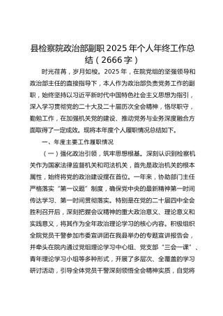 县检察院政治部副职2025年个人年终工作总结（2666字）