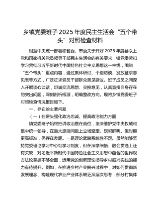 乡镇党委班子2025年度民主生活会“五个带头”对照检查材料