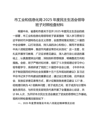 市工业和信息化局2025年度民主生活会领导班子对照检查材料（贯彻落实中央八项规定精神情况总结+五个带头+典型案例剖析）