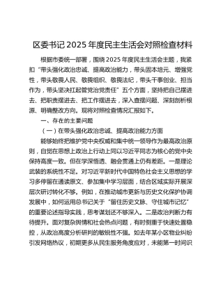 区委书记2025年度民主生活会对照检查材料（五个带头）
