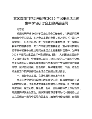 某区直部门党组书记在2025年民主生活会前集中学习研讨会上的讲话提纲