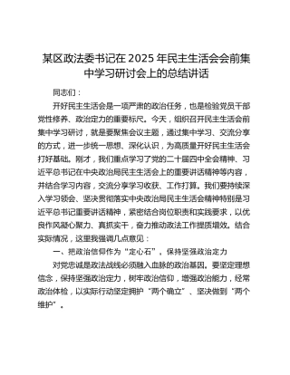 某区政法委书记在2025年民主生活会会前集中学习研讨会上的总结讲话