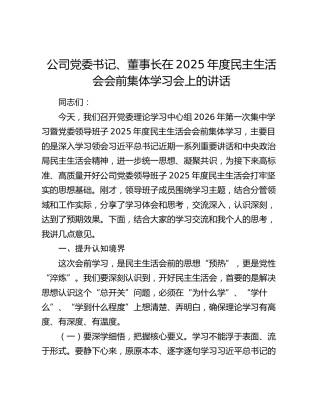 公司党委书记、董事长在2025年度民主生活会会前集体学习会上的讲话