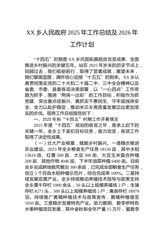 XX乡人民政府2025年工作总结及2026年工作计划