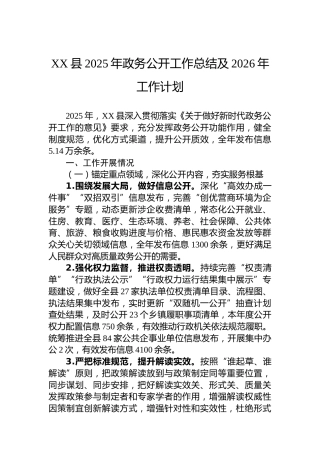 XX县2025年政务公开工作总结及2026年工作计划