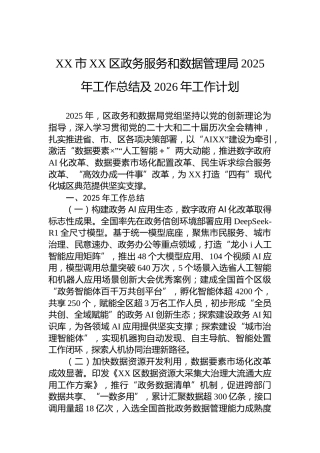 XX市XX区政务服务和数据管理局2025年工作总结及2026年工作计划