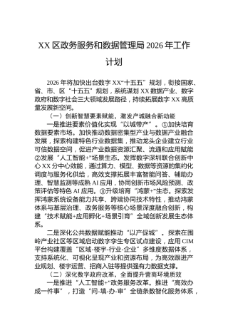 XX区政务服务和数据管理局2026年工作计划