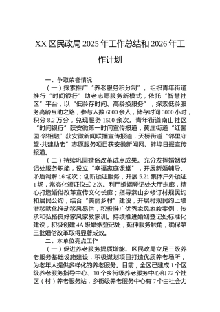 XX区民政局2025年工作总结和2026年工作计划