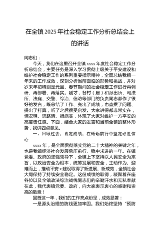 在全镇2025年社会稳定工作分析总结会上的讲话