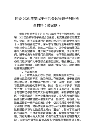 区委2025年度民主生活会领导班子对照检查材料（带案例）
