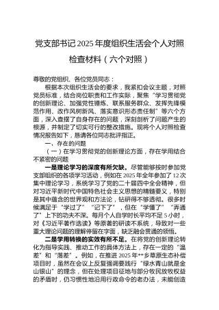 党支部书记2025年度组织生活会个人对照检查材料（六个对照）