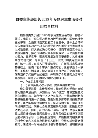 县委宣传部部长2025年专题民主生活会对照检查材料