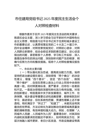 市住建局党组书记2025年度民主生活会个人对照检查材料