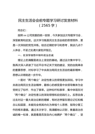 民主生活会会前专题学习研讨发言材料（2565字）