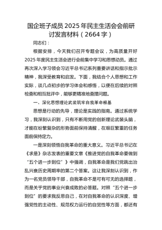 国企班子成员2025年民主生活会会前研讨发言材料（2664字）
