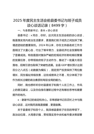 2025年度民主生活会前县委书记与班子成员谈心谈话记录（8499字）
