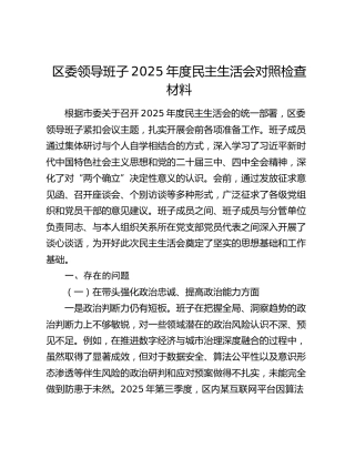 区委领导班子2025年度民主生活会对照检查材料（五个带头+典型案例剖析）（2）