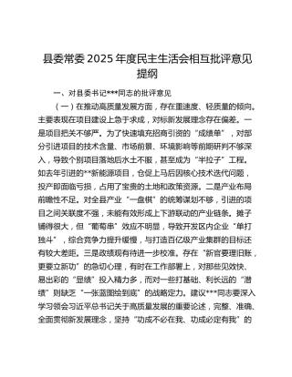 县委常委2025年度民主生活会相互批评意见提纲