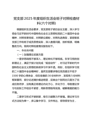 党支部2025年度组织生活会班子对照检查材料(六个对照)