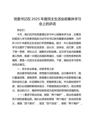 党委书记在2025年度民主生活会前集体学习会上的讲话