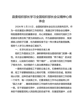 县委组织部长学习全国组织部长会议精神心得体会