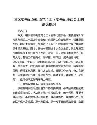 某区委书记在街道党（工）委书记座谈会上的讲话提纲