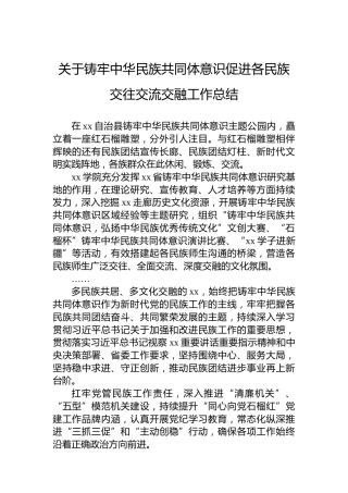 关于铸牢中华民族共同体意识促进各民族交往交流交融工作总结