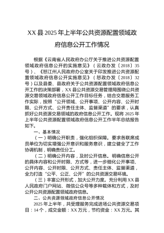 XX县2025年上半年公共资源配置领域政府信息公开工作情况