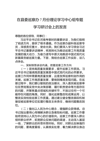 在县委巡察办7月份理论学习中心组专题学习研讨会上的发言