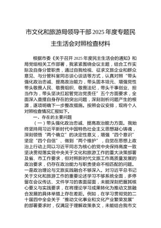 市文化和旅游局领导干部2025年度专题民主生活会对照检查材料