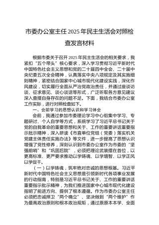 市委办公室主任2025年民主生活会对照检查发言材料