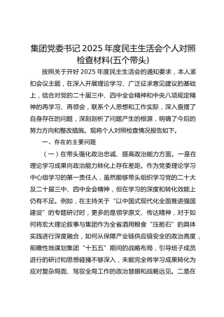 集团书记2025年度民主生活会个人对照检查材料(五个带头)