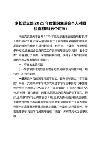 乡长党支部2025年度组织生活会个人对照检查材料（五个对照）