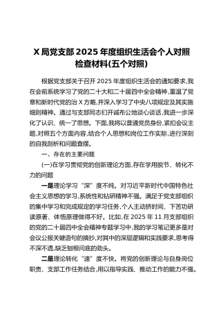 X局党支部2025年度组织生活会个人对照检查材料（五个对照）