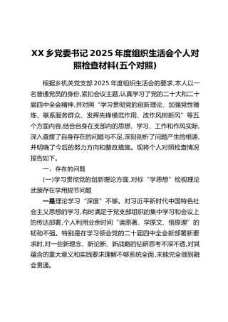 XX乡党委书记2025年度组织生活会个人对照检查材料（五个对照）