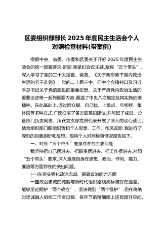 区委组织部部长2025年度民主生活会个人对照检查材料（带案例）