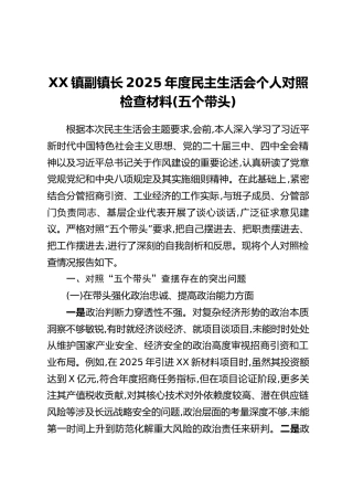 XX镇副镇长2025年度民主生活会个人对照检查材料（五个带头）