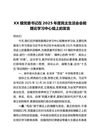 XX镇党委书记在2025年度民主生活会会前理论学习中心组上的发言