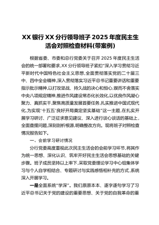 XX银行XX分行领导班子2025年度民主生活会对照检查材料（带案例）
