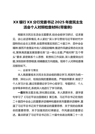 XX银行XX分行党委书记2025年度民主生活会个人对照检查材料（带案例）