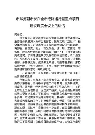 市常务副市长在全市经济运行暨重点项目建设调度会议上的讲话